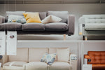 gray padded sofa collage