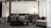 a living room filled with furniture and a chandelier
