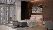 Modern bedroom with large window and artwork