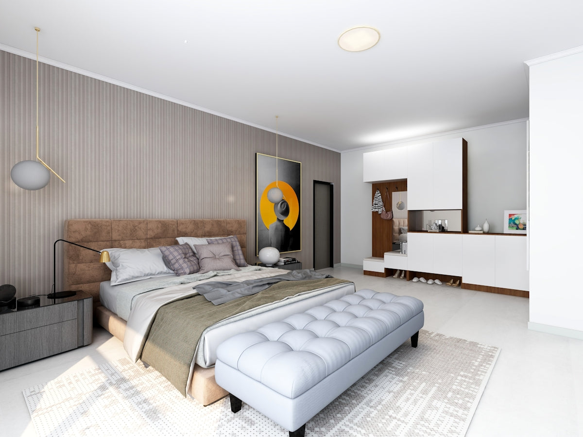 a bedroom with a large bed and a dresser