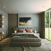 a bedroom with a large bed and a painting on the wall
