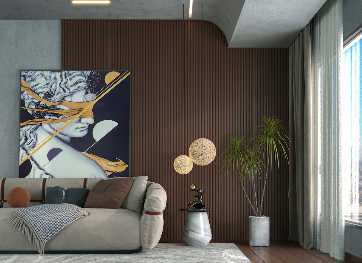 a living room with a large painting on the wall