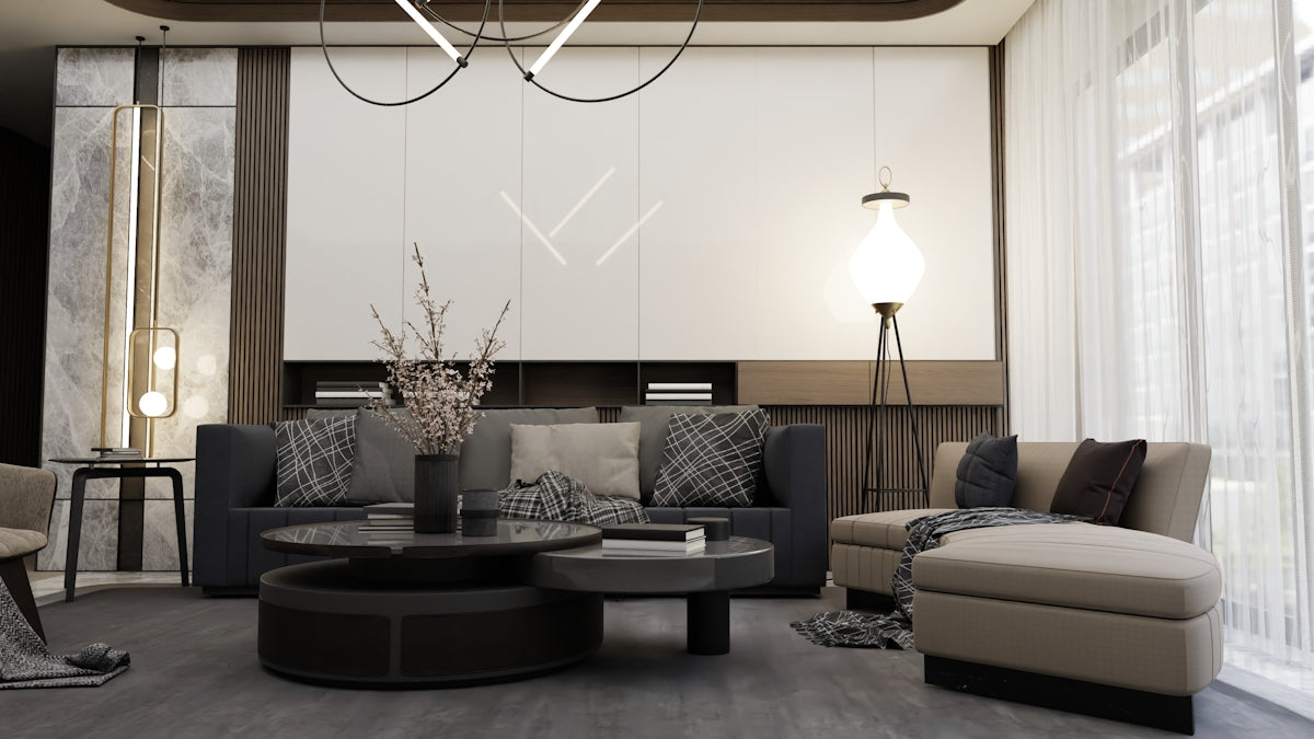 a living room filled with furniture and a chandelier