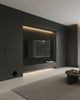 A living room with a couch, coffee table and television