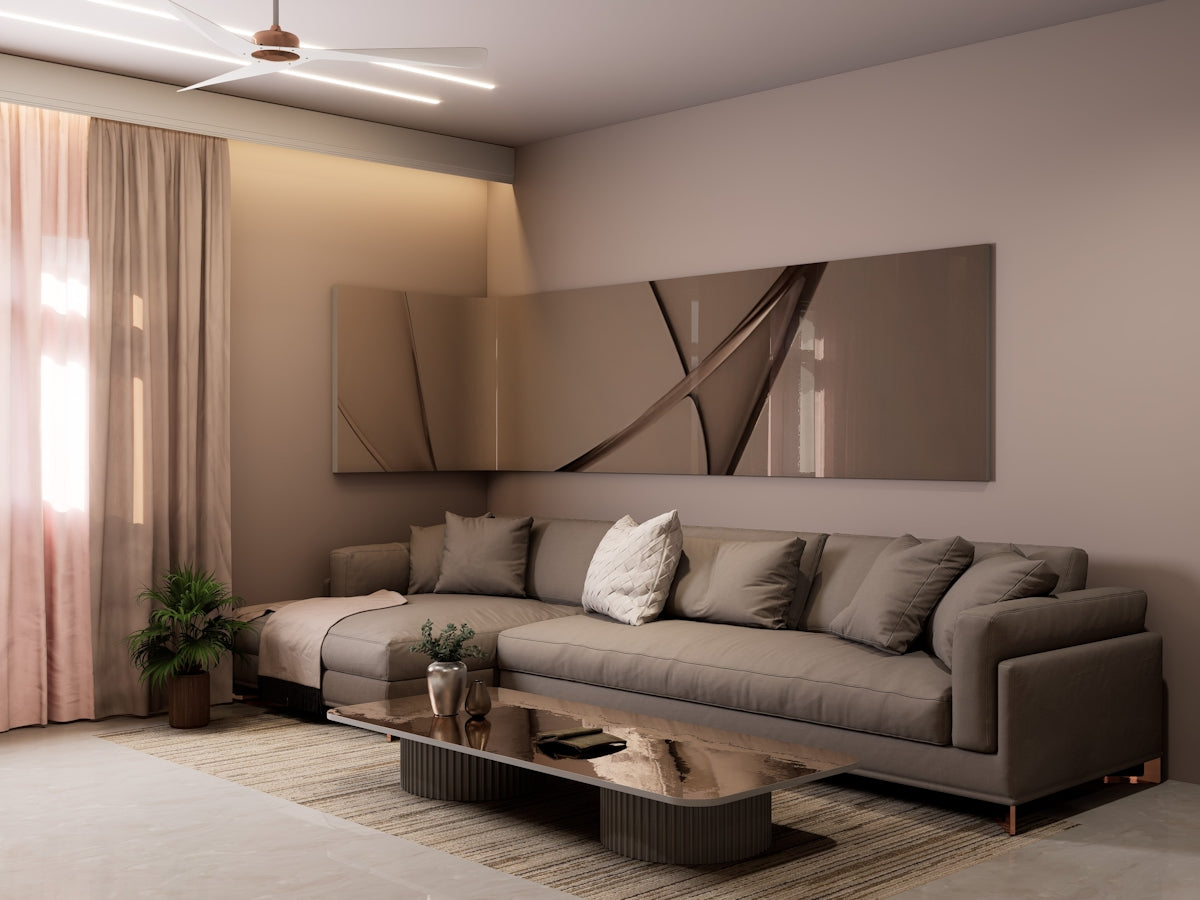 Modern living room with a chic, neutral color scheme.