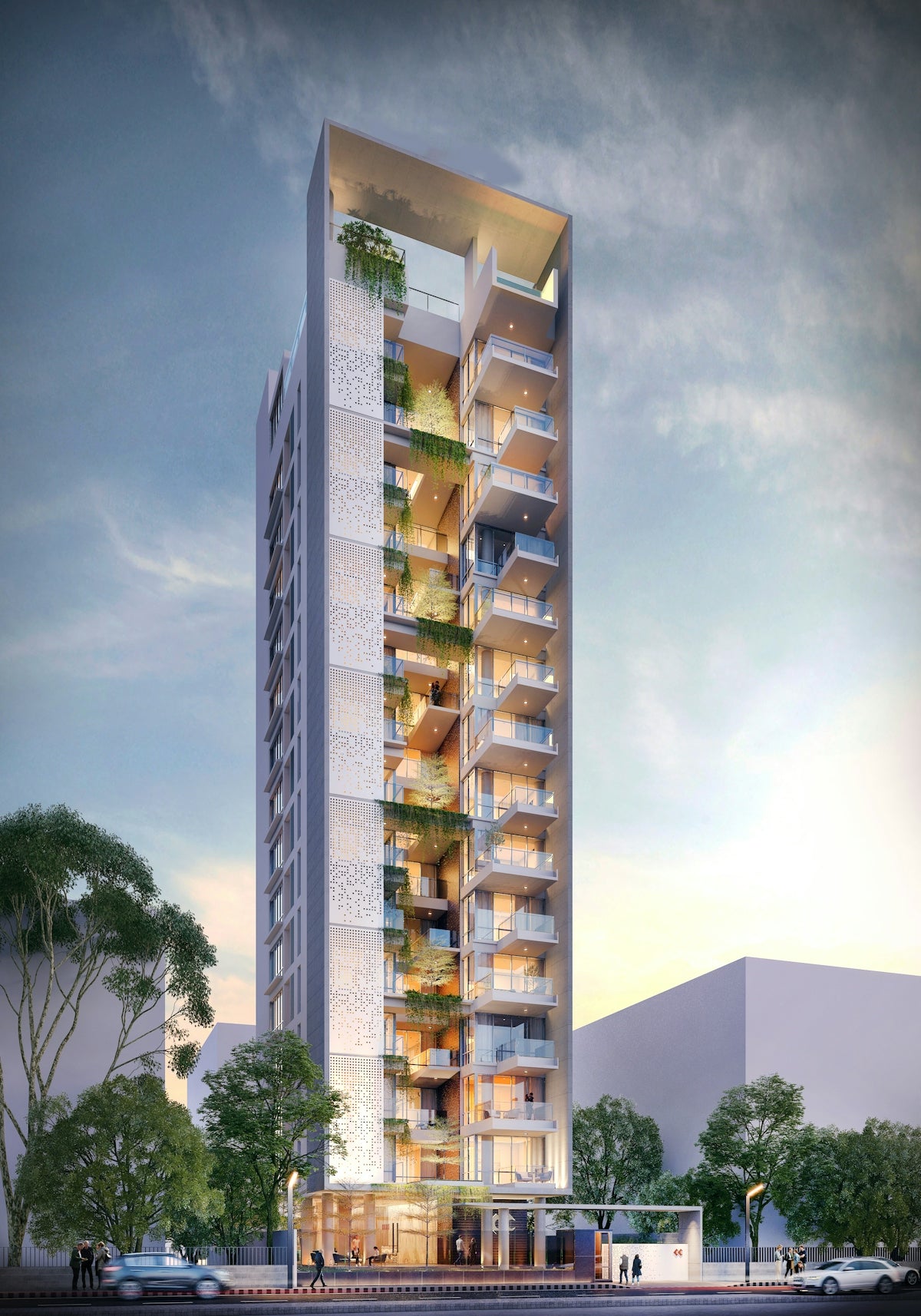 Modern high-rise building with balconies and greenery.