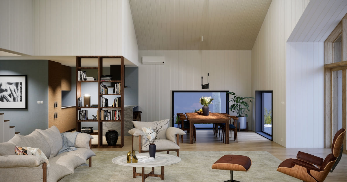 Modern living room with dining area and bookshelves.