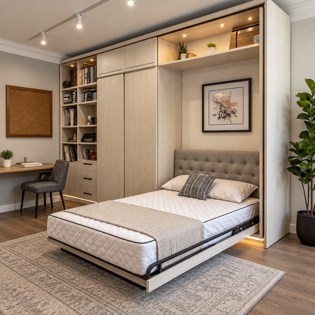 Cozy Minimalist Murphy Bed Workspace