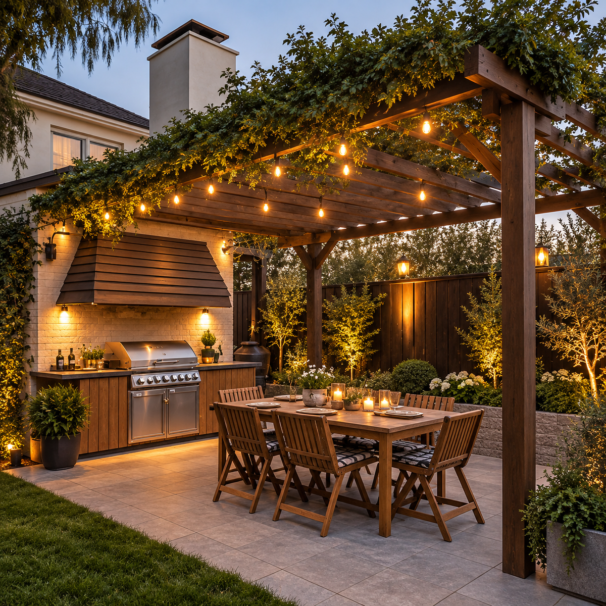 Cozy Pergola Patio Kitchen at Dusk