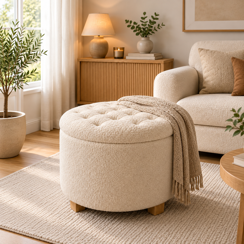 Cozy Scandinavian Living Room with Bouclé Ottoman