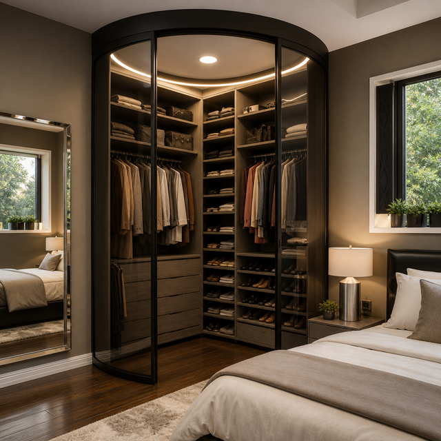 Elegant modern bedroom with walk-in closet