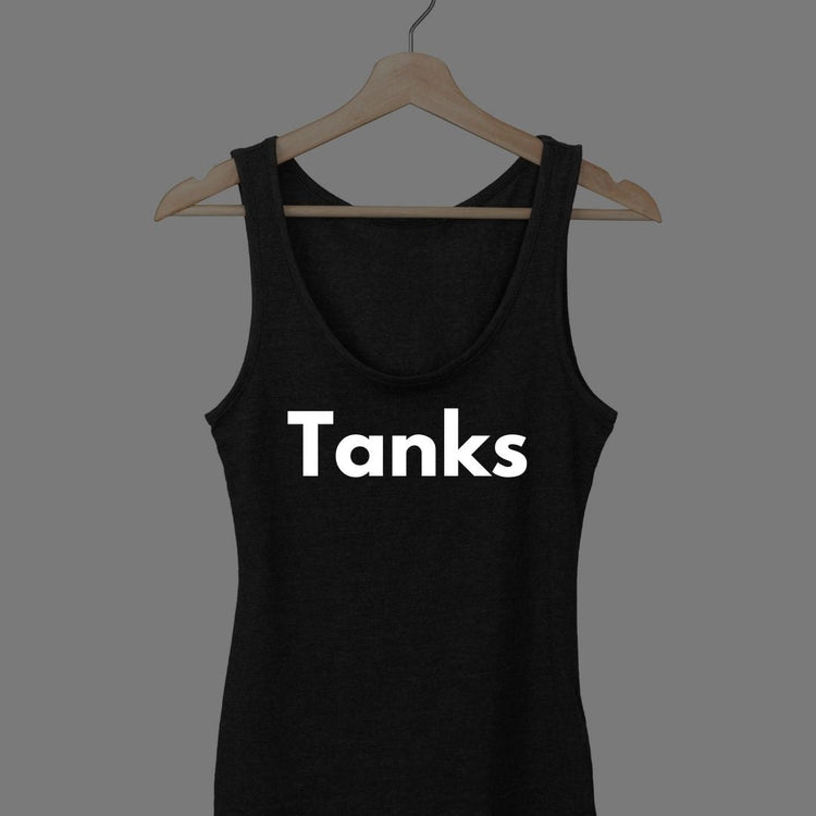 A variety of tank tops for men and women in different colors and styles.