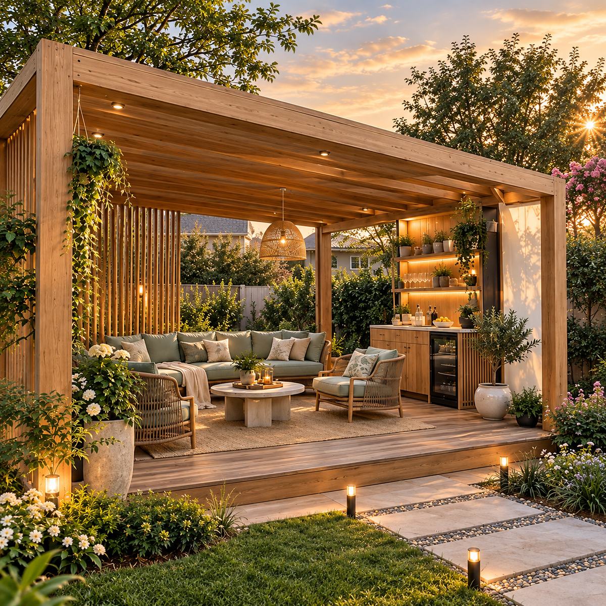 Golden-Hour Garden Pergola Retreat