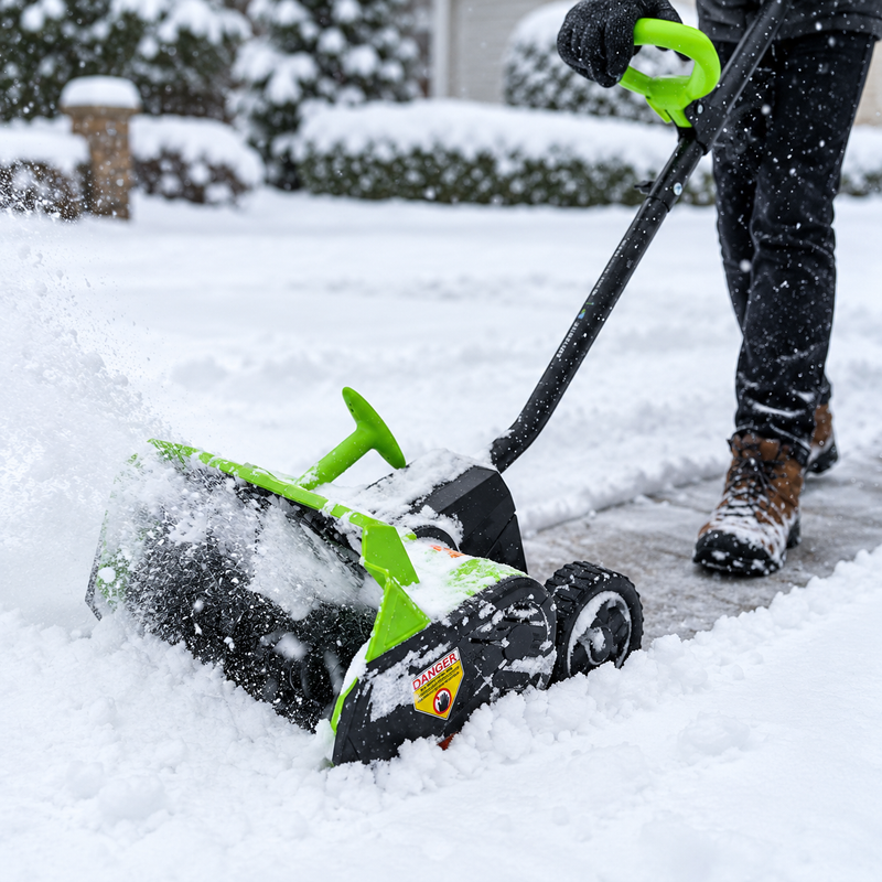 Lime-Green Snowblower in Winter Storm