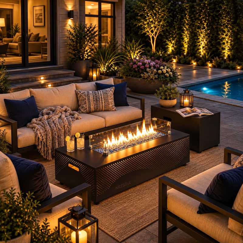Luxury Fire Pit Patio at Dusk