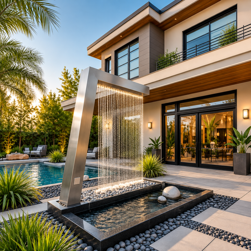 Luxury Home Garden Waterfall at Sunset