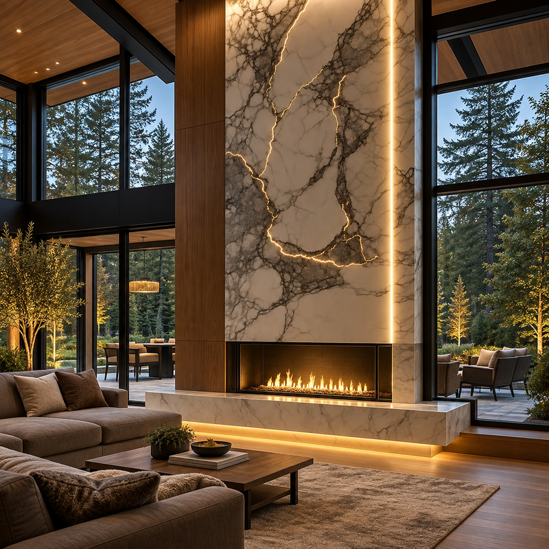 Marble Fireplace in a Forest Retreat