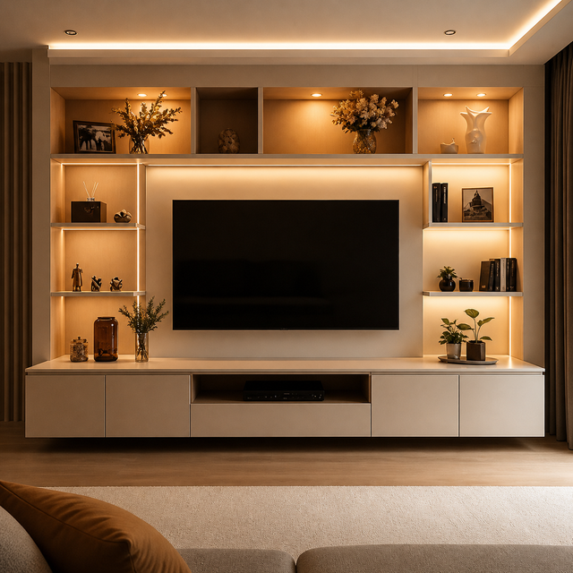 Minimalist living room with warm lighting