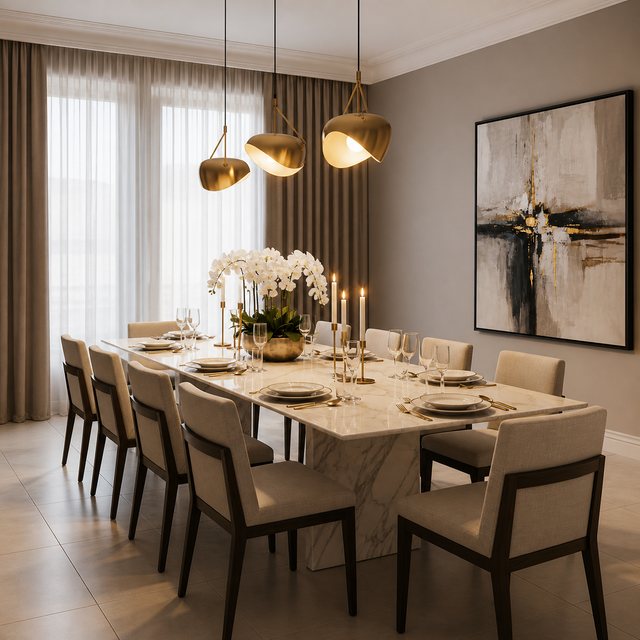 Modern elegant dining room with marble table