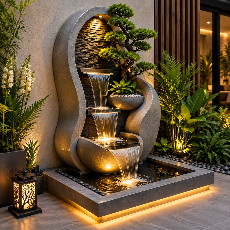 Sculptural Garden Fountain at Dusk
