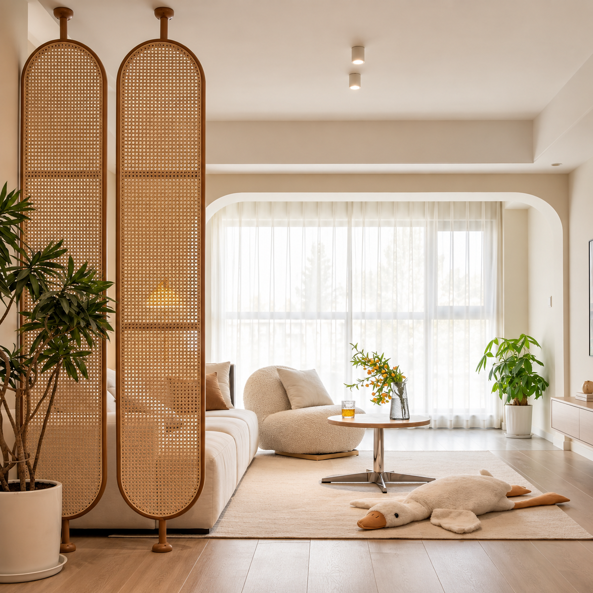 Sunlit Scandinavian Living Room with Rattan Dividers