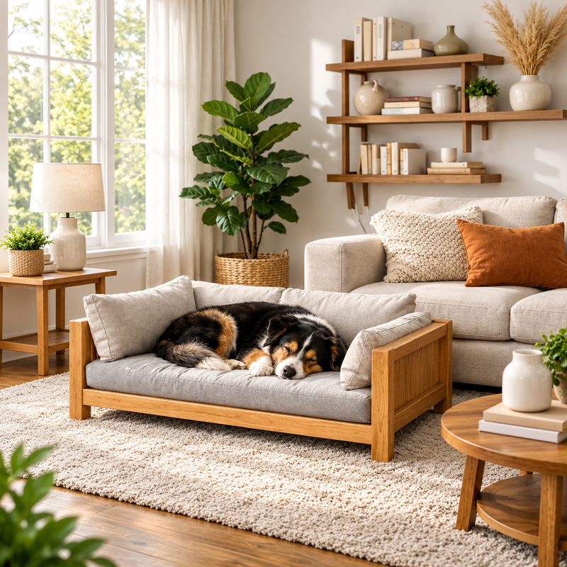 Sunlit Scandinavian Living Room with Sleeping Dog