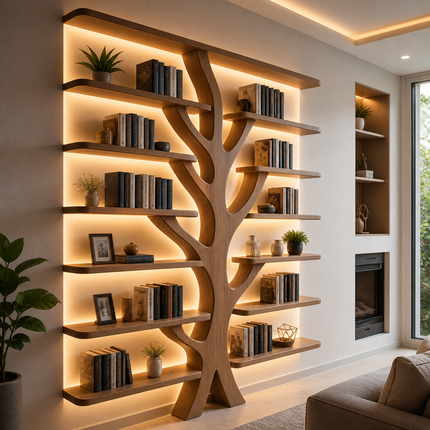 Tree-inspired bookshelf in cozy living room