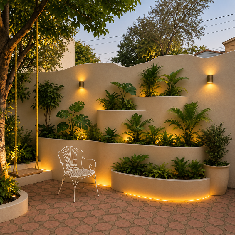 Twilight Courtyard with Lush Planters