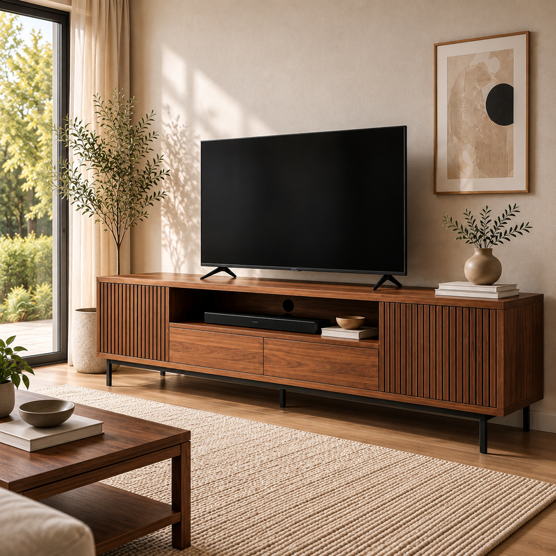 Warm Minimalist Living Room with Walnut Media Console