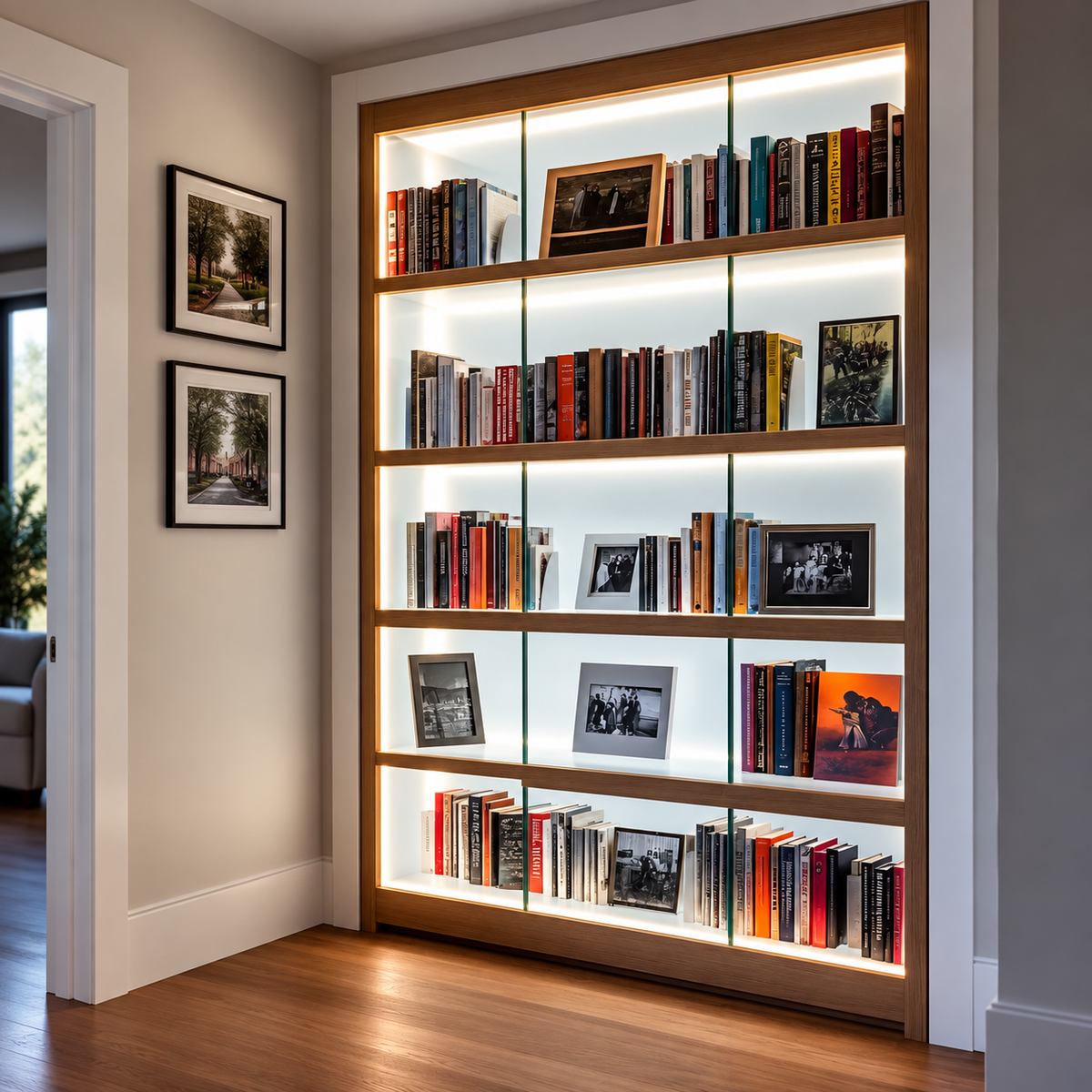 Warmly Lit Modern Home Library оц