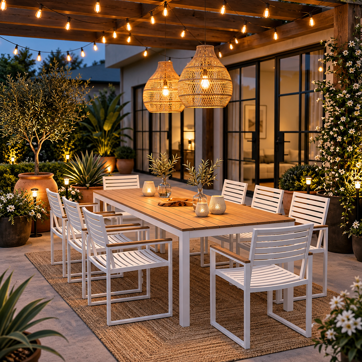 Warmly Lit Pergola Dining Patio