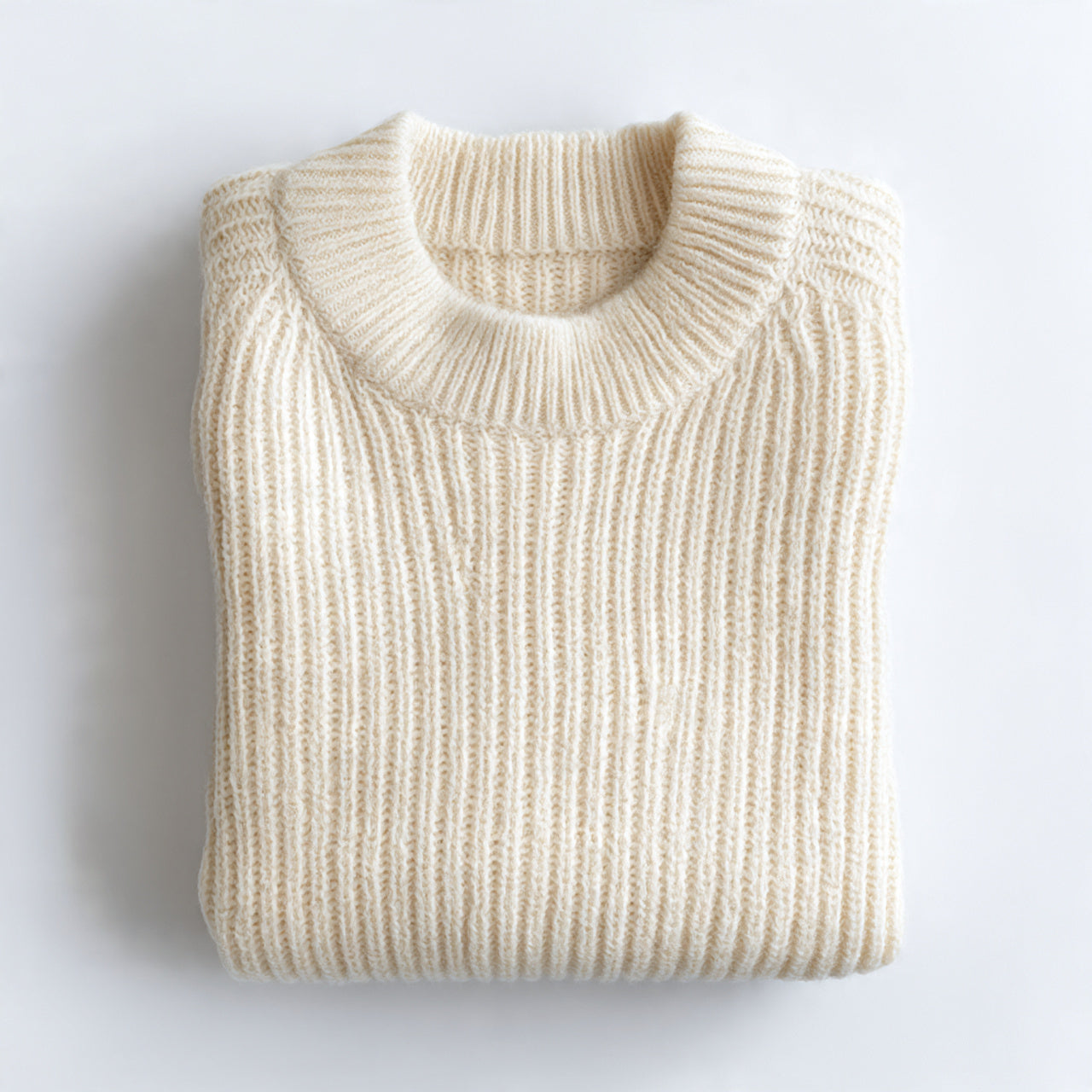 “A folded knit sweater or knitted top centered on a pure white seamless background. Straight-on studio shot with soft lighting and minimal shadow. No text, no logo, no model, no props.”