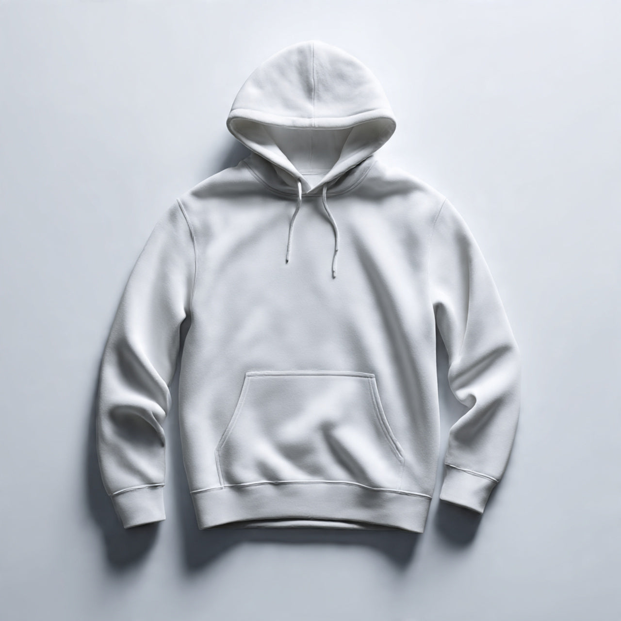 “A folded men’s hoodie centered on a pure white seamless background. Straight-on studio shot, soft lighting, minimal shadow. No text, no logo, no model, no props.”
