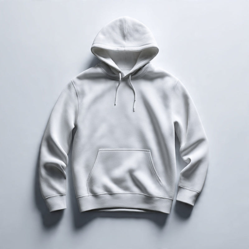 “A folded men’s hoodie centered on a pure white seamless background. Straight-on studio shot, soft lighting, minimal shadow. No text, no logo, no model, no props.”