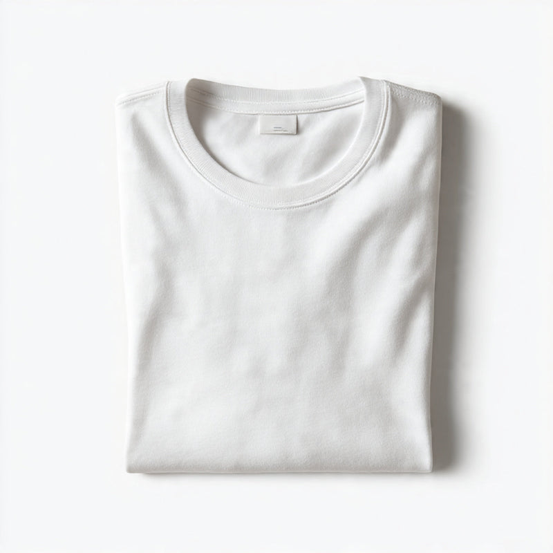 “A folded men’s T-shirt centered on a pure white seamless background. Straight-on high-end studio photography with soft shadow. No text, no logo, no model, no props.”
