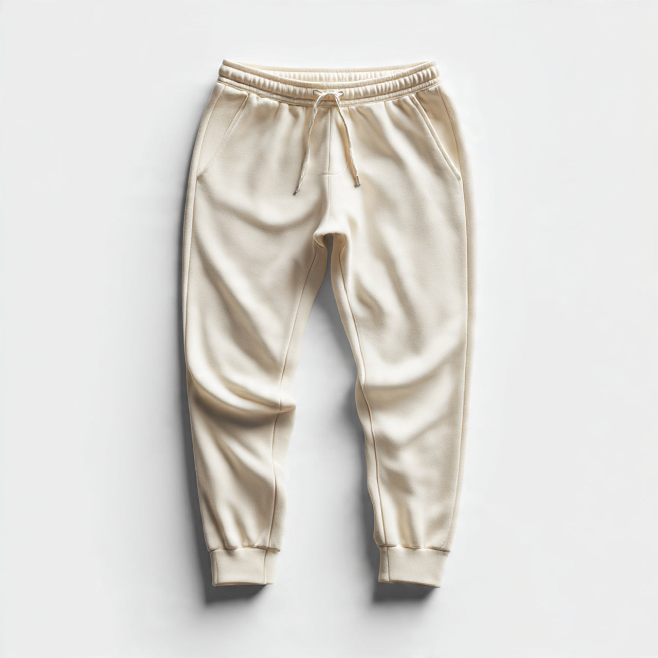 “A folded pair of women’s joggers centered on a pure white seamless background. Straight-on studio lighting with minimal shadow. No text, no logo, no model, no props.”