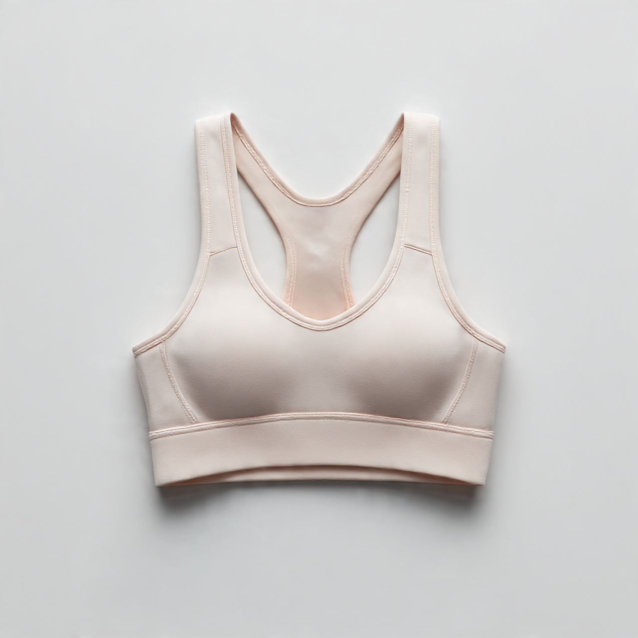“A neatly arranged sports bra centered on a pure white seamless background. Straight-on product shot with soft lighting and minimal shadow. No text, no logo, no model, no props.”