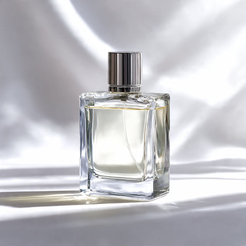 “A premium fragrance bottle centered on a pure white seamless background. Straight-on luxury product shot with soft studio lighting and a crisp shadow. No text, no logo, no model, no props.”
