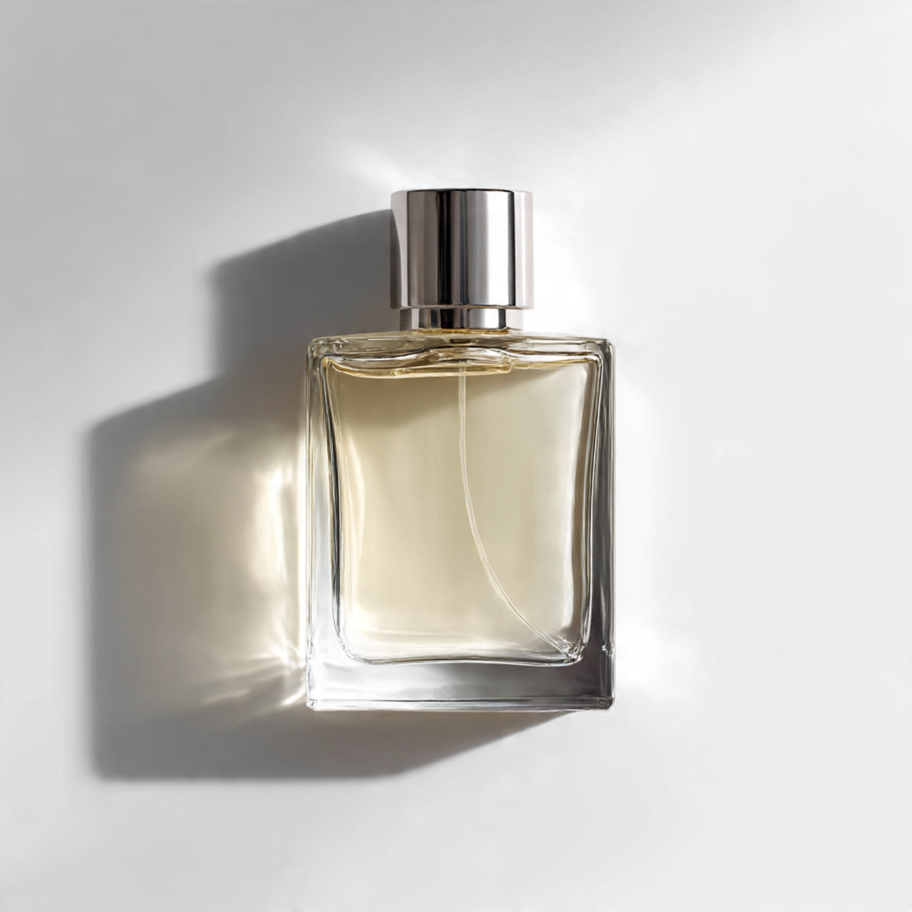 “A premium perfume bottle centered on a pure white seamless background. Straight-on luxury studio shot with soft lighting and a crisp shadow. No text, no logo, no model, no props.”