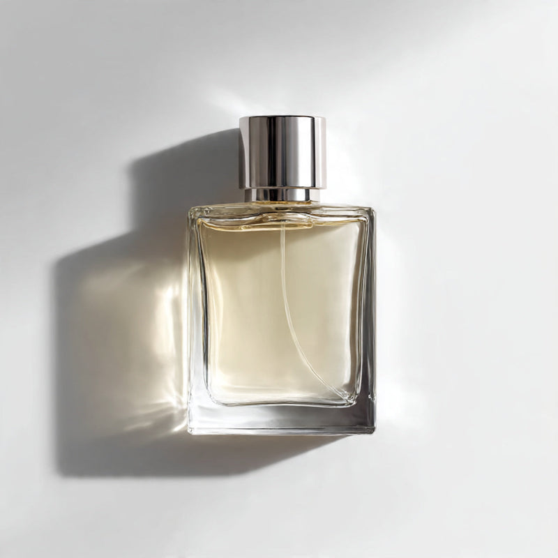 “A premium perfume bottle centered on a pure white seamless background. Straight-on luxury studio shot with soft lighting and a crisp shadow. No text, no logo, no model, no props.”