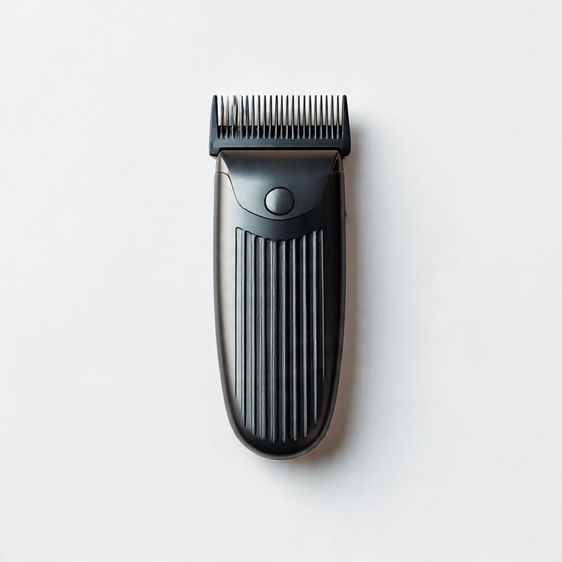 “A single grooming item such as a beard trimmer, comb, or grooming kit piece centered on a pure white seamless background. Straight-on studio lighting with a soft shadow. No text, no logo, no model, no props.”