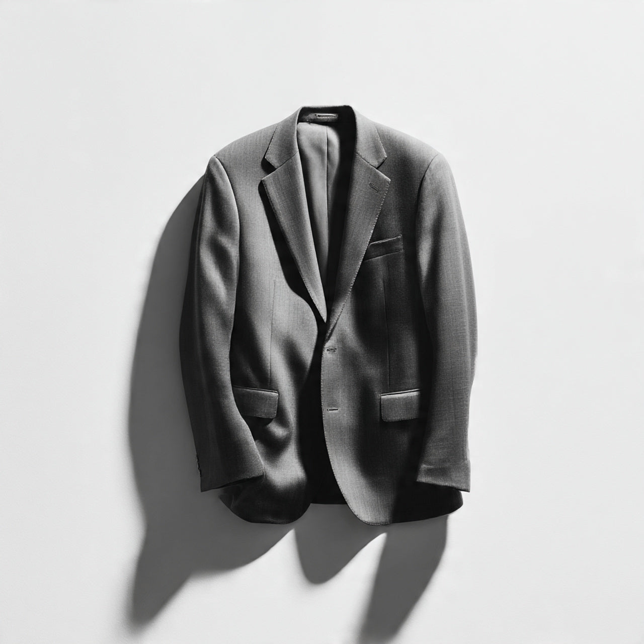 “A single men's blazer displayed upright against a pure white seamless background. Straight-on luxury product shot with soft studio lighting and a clean natural shadow below. High-end fashion photography. No text, no logo, no model, no props.”