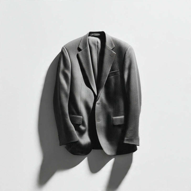 “A single men's blazer displayed upright against a pure white seamless background. Straight-on luxury product shot with soft studio lighting and a clean natural shadow below. High-end fashion photography. No text, no logo, no model, no props.”