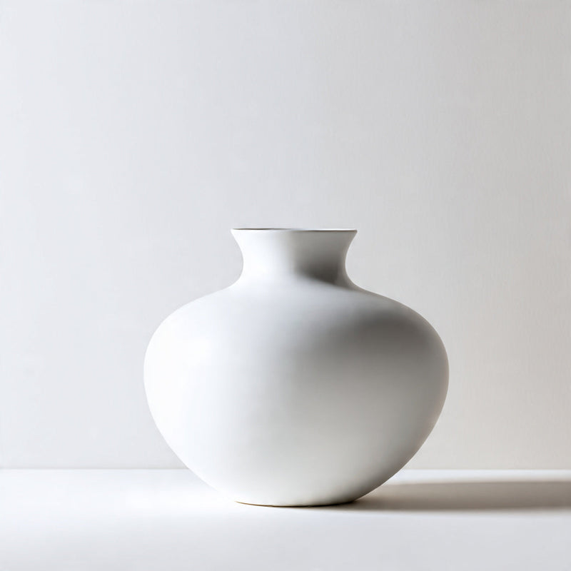 “A single minimalist home décor object such as a ceramic vase or sculpture centered on a pure white seamless background. Straight-on studio lighting with a soft shadow. No text, no logo, no model, no props.”