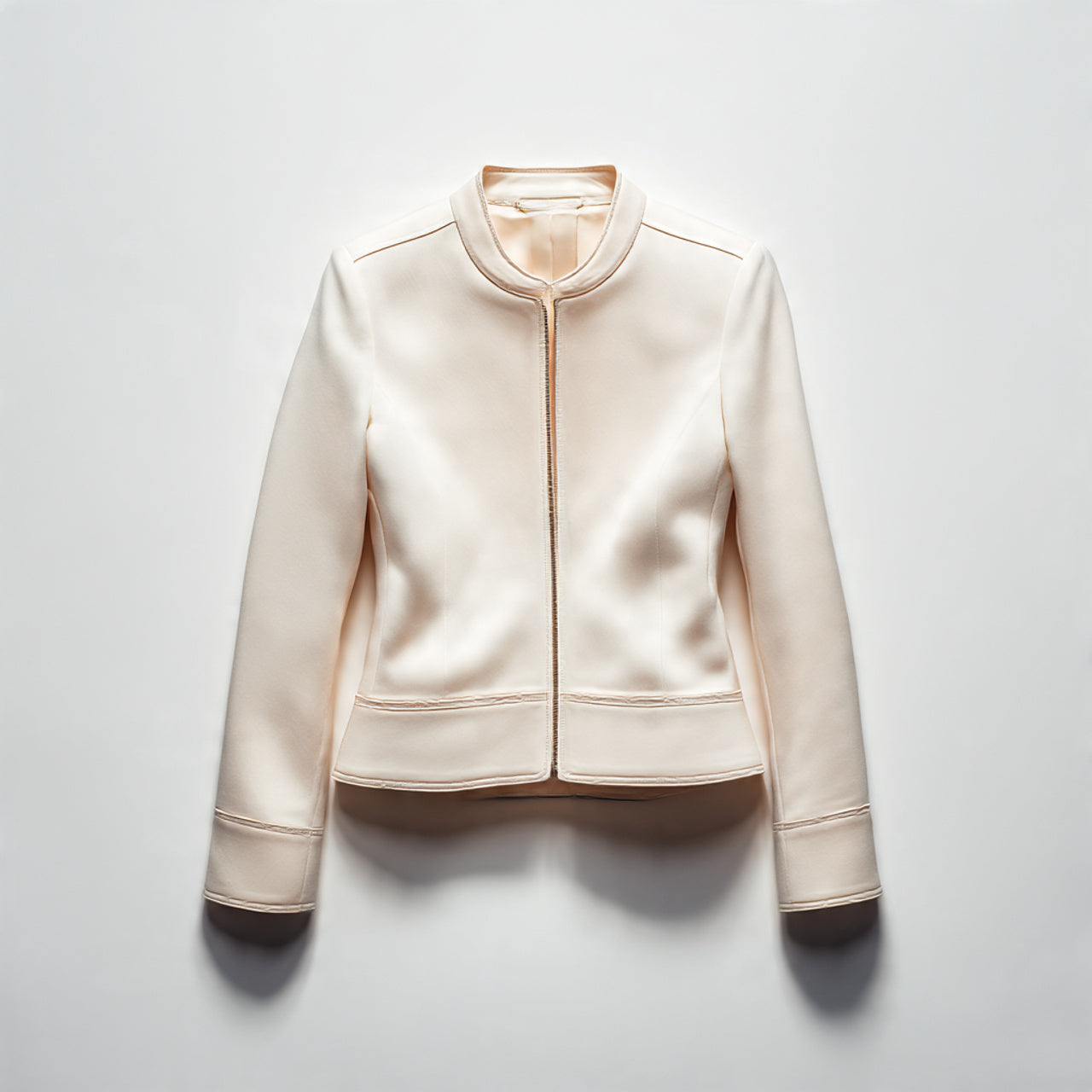 “A single women’s jacket centered on a pure white seamless background. Straight-on luxury studio shot with soft lighting and a subtle natural shadow. Clean, minimal product photography. No text, no logo, no model, no props.”