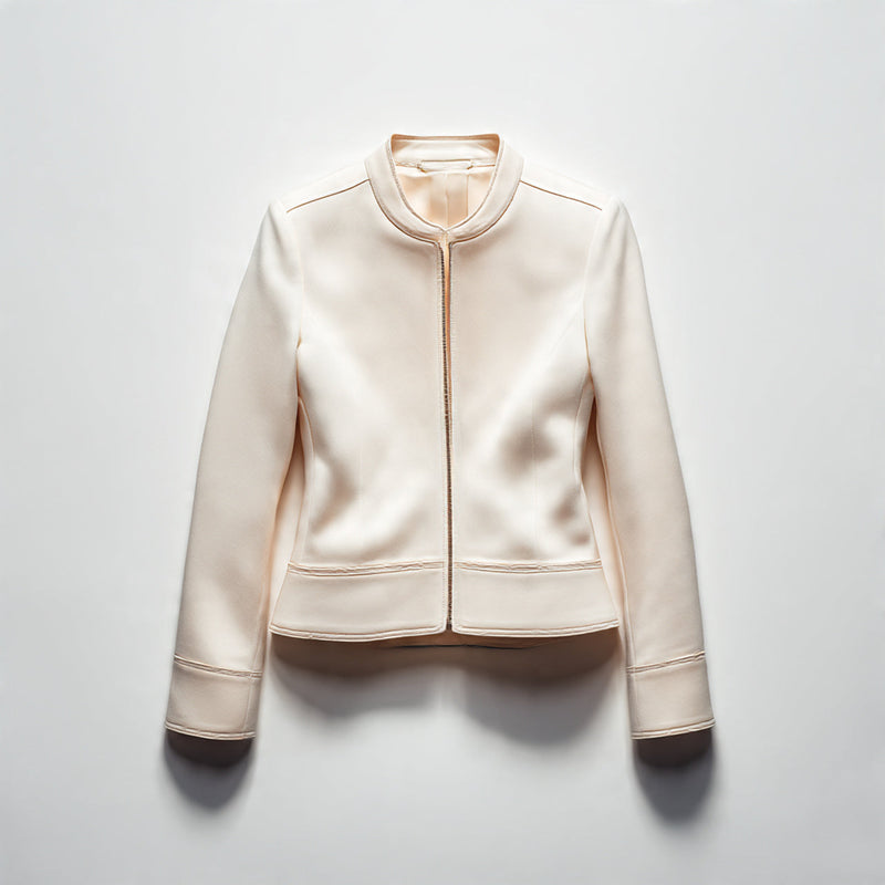 “A single women’s jacket centered on a pure white seamless background. Straight-on luxury studio shot with soft lighting and a subtle natural shadow. Clean, minimal product photography. No text, no logo, no model, no props.”