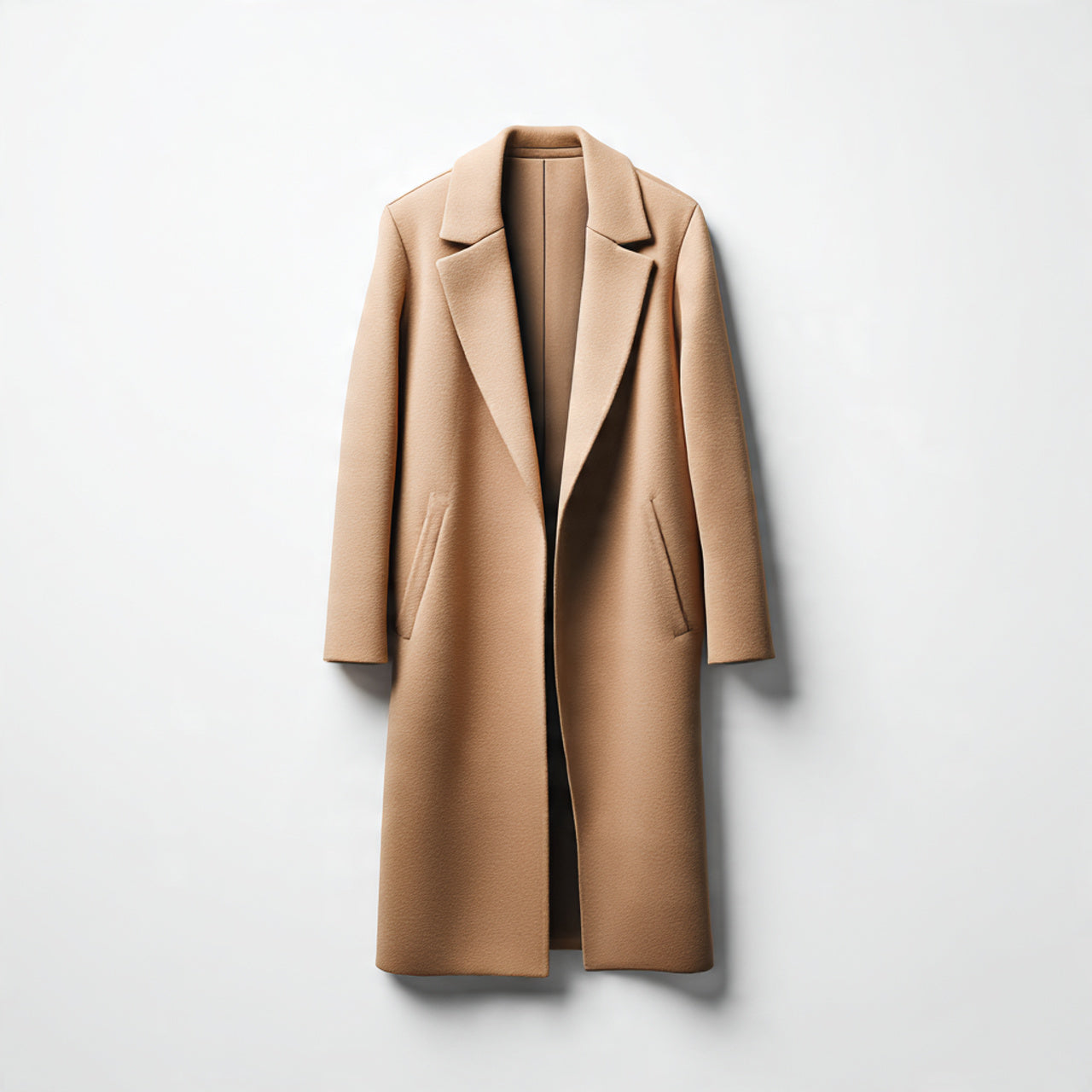 “A single women’s long coat displayed against a pure white seamless background. Straight-on premium studio lighting with a soft shadow beneath the garment. High-end minimal product shot. No text, no logo, no model, no props.”