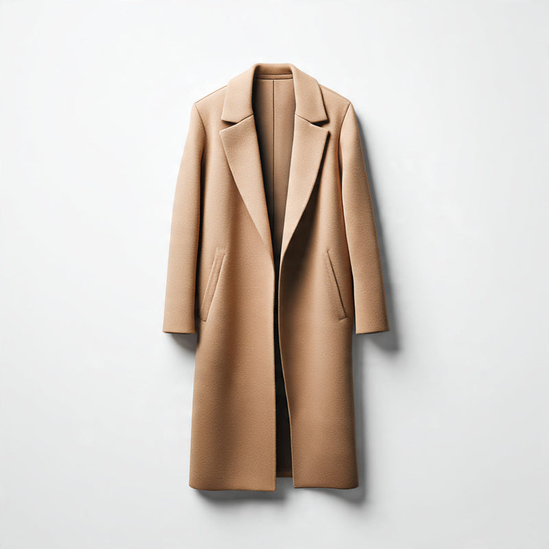 “A single women’s long coat displayed against a pure white seamless background. Straight-on premium studio lighting with a soft shadow beneath the garment. High-end minimal product shot. No text, no logo, no model, no props.”