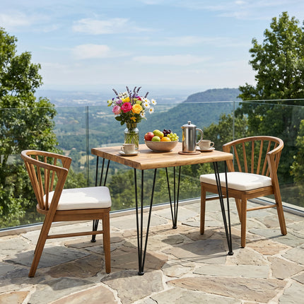 3 Pieces Acacia Wood Outdoor Dining Set with Cream Cushions,Modern 6 Chairs with 32.5' Table,Dining Furniture Set for Lawn, Backyard, Garden Deck,Poolside,Teak