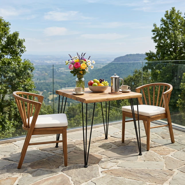 3 Pieces Acacia Wood Outdoor Dining Set with Cream Cushions,Modern 6 Chairs with 32.5' Table,Dining Furniture Set for Lawn, Backyard, Garden Deck,Poolside,Teak